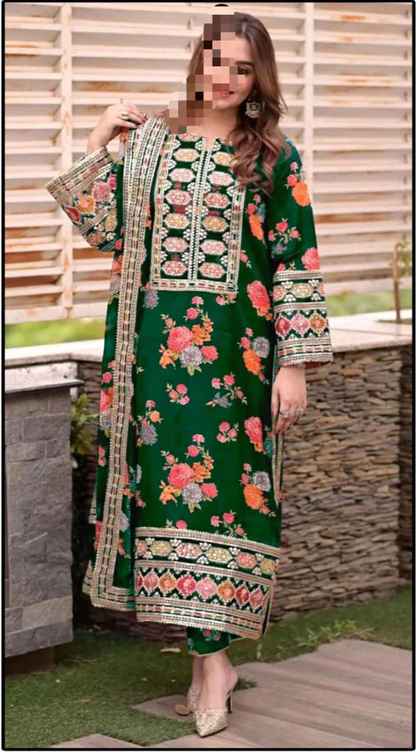 3Pcs Multi Thread Floral Embroidery With Patch Sequence Work On Sleeves,Border Shirt With Printed Trouser And Duppatta