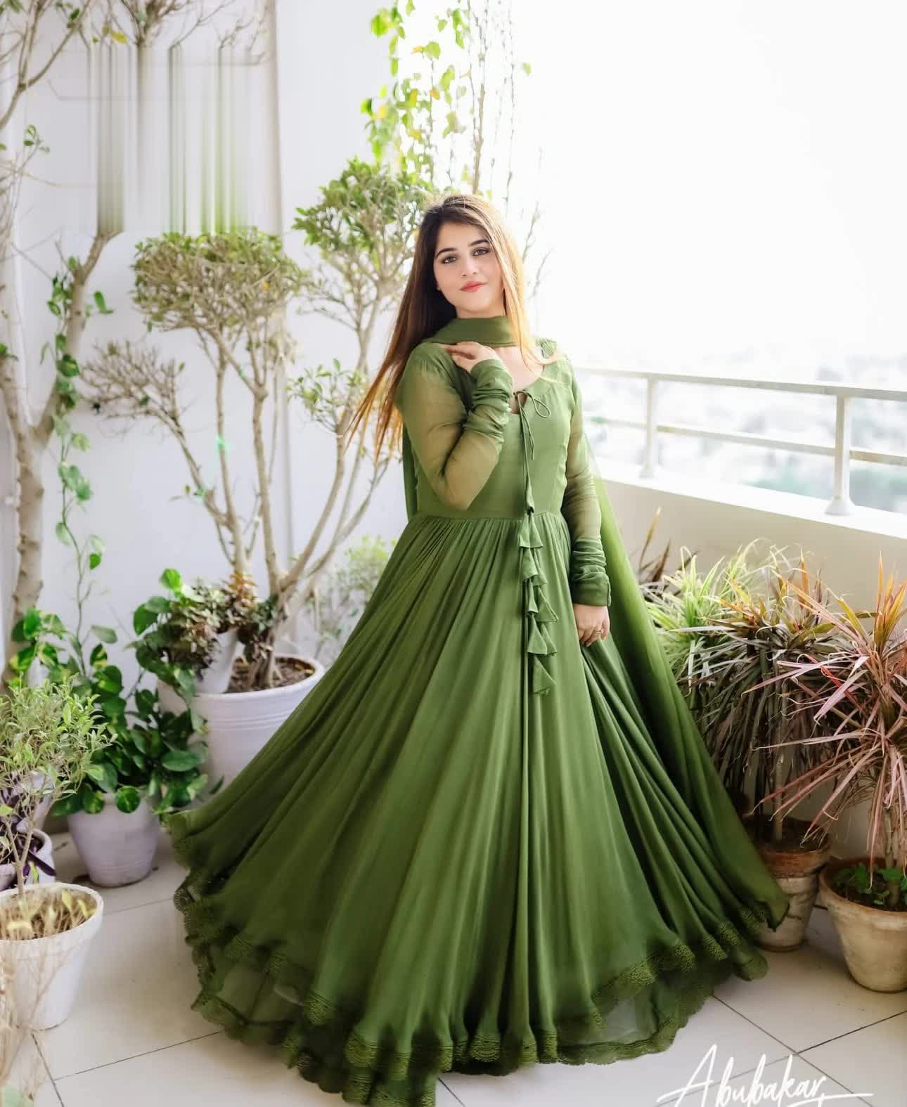 New 3pc Two Layer Border chiffon Front & Back Lace work Long Flare Maxi Collection