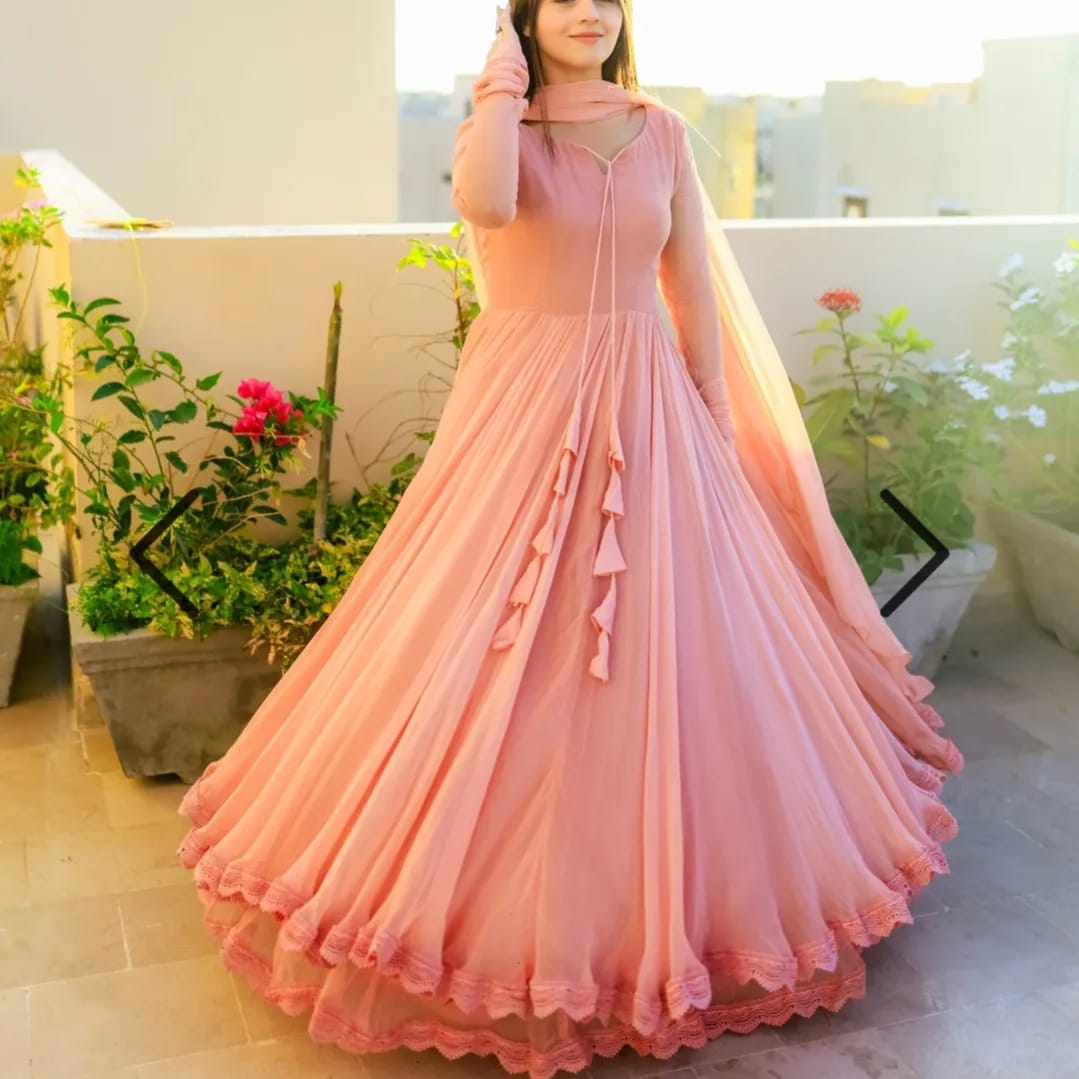 New 3pc Two Layer Border chiffon Front & Back Lace work Long Flare Maxi Collection
