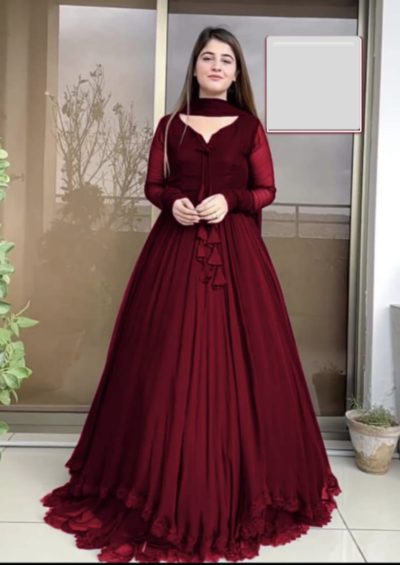New 3pc Two Layer Border chiffon Front & Back Lace work Long Flare Maxi Collection
