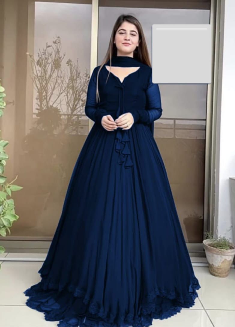 New 3pc Two Layer Border chiffon Front & Back Lace work Long Flare Maxi Collection